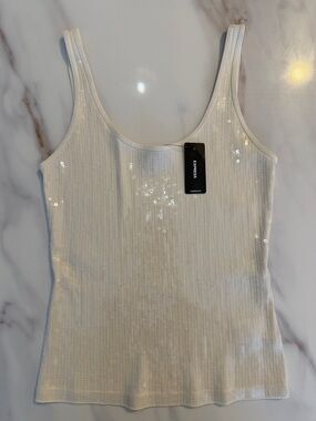 NEW Express 100% Cotton Sequin Ribbed Knit Tank Top Shirt - Small - Ivory White